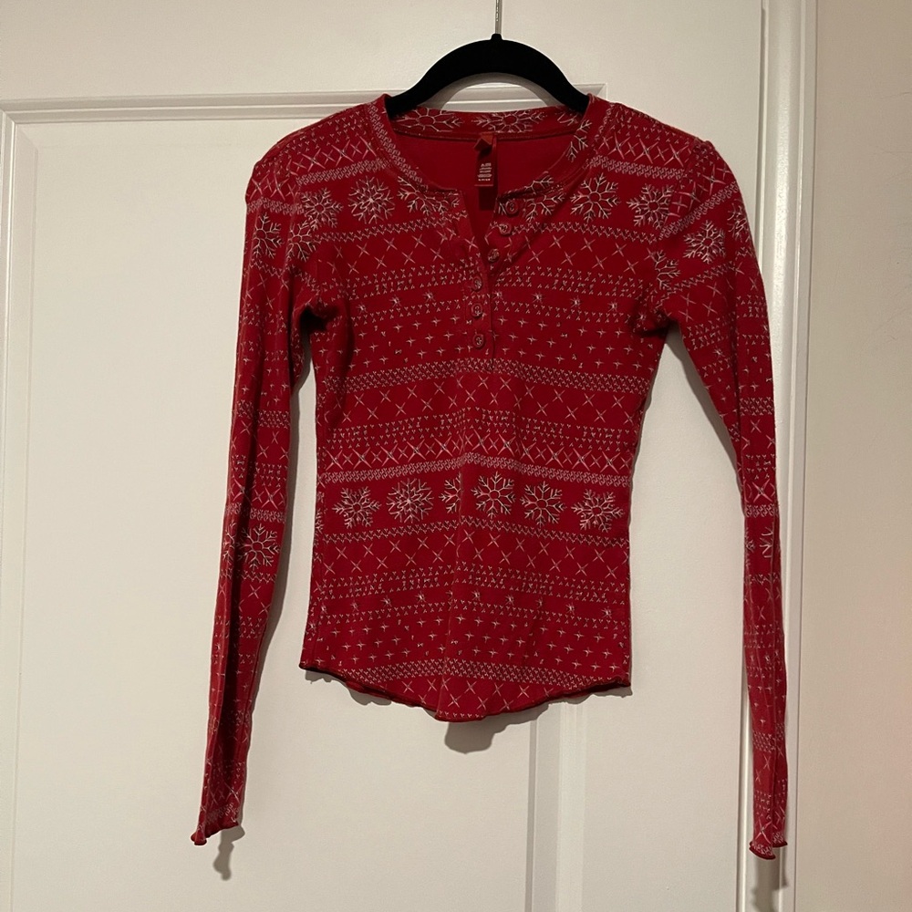Skims Logo pointelle red fair isle holiday Christmas pajama top small Henley